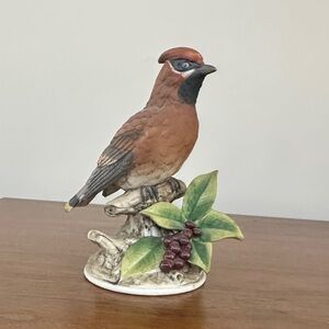 Handcrafted Ceramic Waxwing Bird Figurine with Leaves